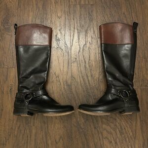 Frye Melissa Harness Black and Brown Leather Riding Boots 7.5 B Women’s